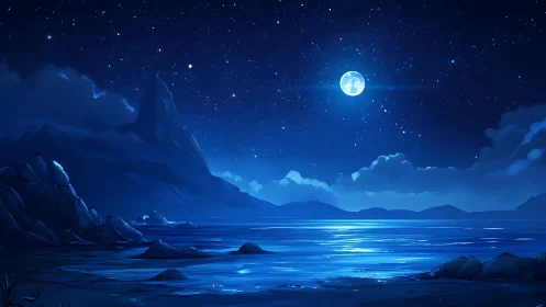 Moonlit coastal landscape under deep cerulean starfield.