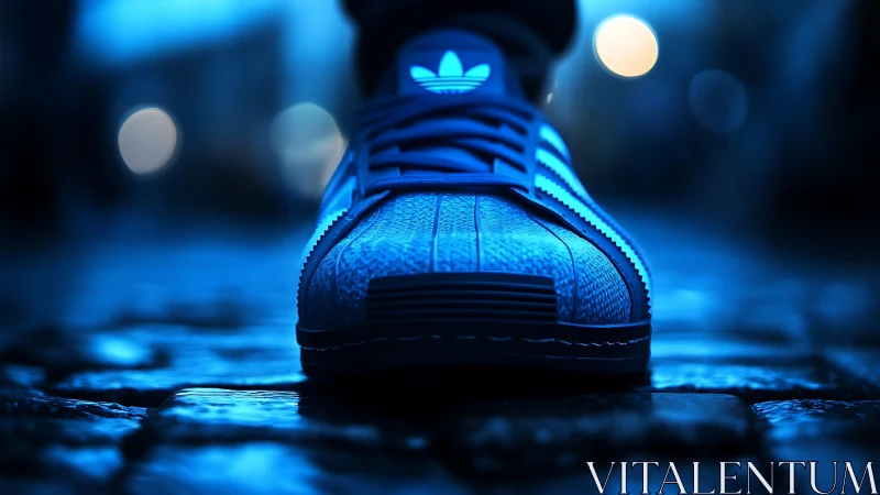 Low-angle neon blue sneaker close-up on wet cobblestone street