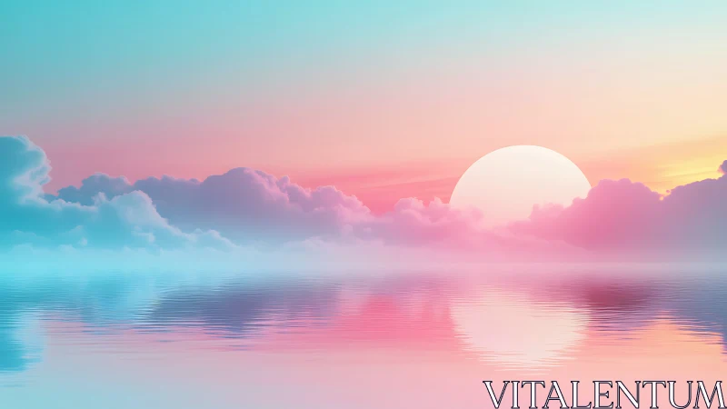 Dreamy pastel sunset over calm water and cotton clouds.