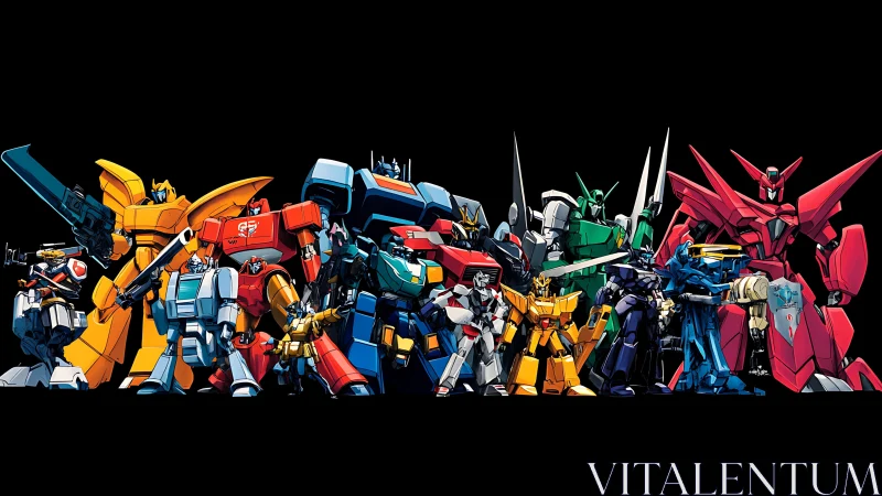 Bold team of colorful mecha robots stands ready for action