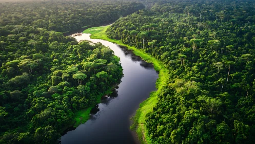 Dense tropical rainforest river winding through lush canopy.