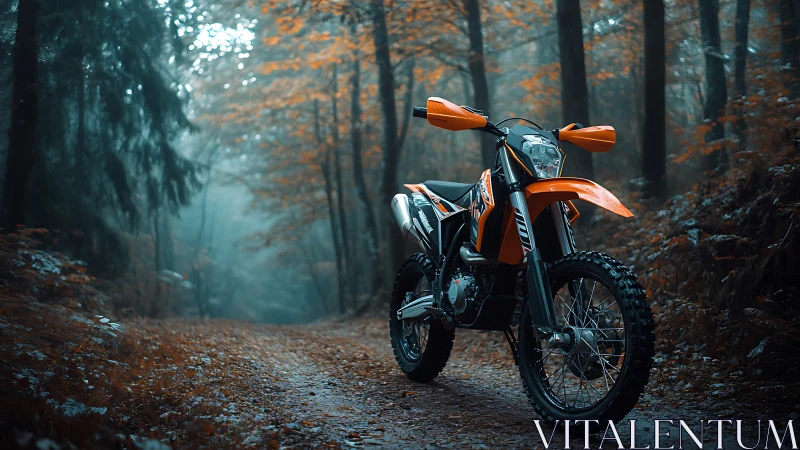 Enduro off road motorcycle on misty autumn forest trail