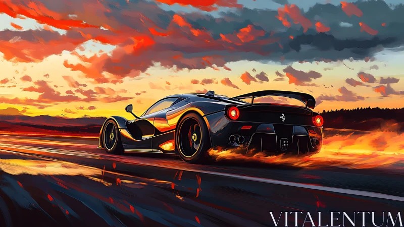 Digital supercar rendering on sunset highway with flames.