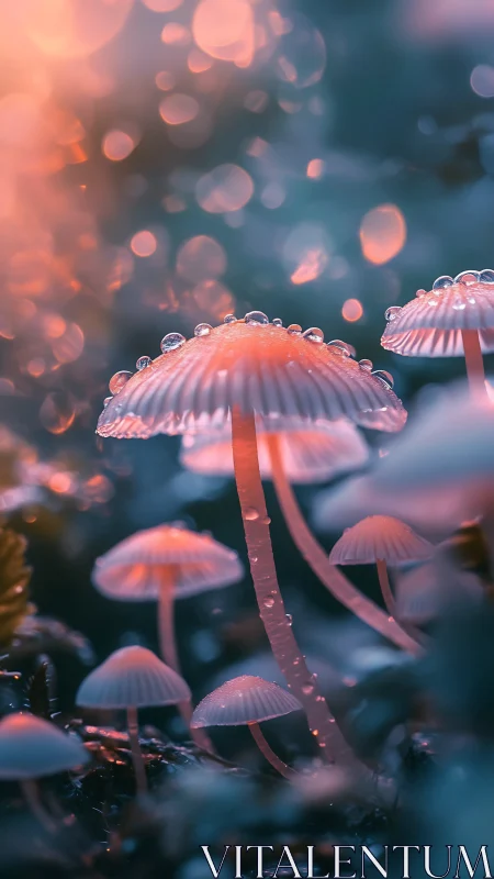 Tiny forest mushrooms glow softly in dreamy sunset light