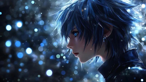 Side-lit blue-haired youth in bokeh-rich atmospheric anime profile