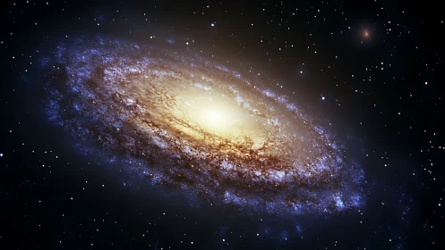 Golden spiral galaxy glowing softly in the quiet night sky.
