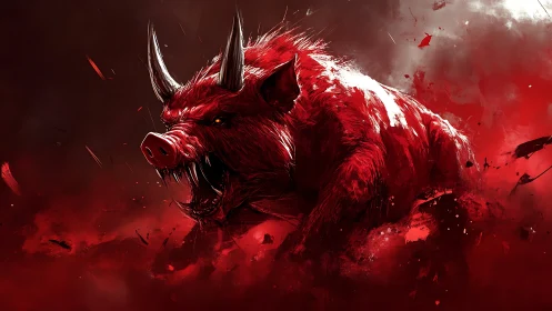 Demonic crimson boar charging through fractured red mist.