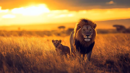 Golden savanna monarchs stride through molten sunset light.