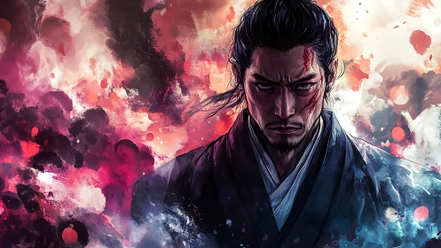 Battle-scarred samurai glares through swirling painted flame.