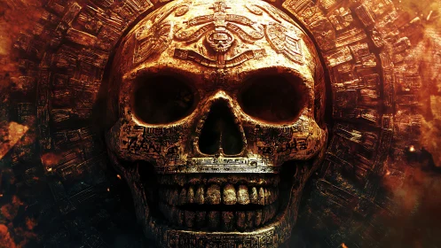 Ancient engraved skull under molten light with circular glyph halo.