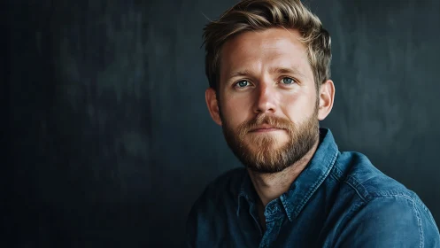 Calm blue-eyed thinker in denim against moody studio dusk.