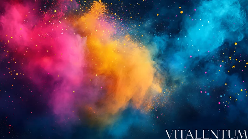 Vibrant neon color dust explosion on deep blue space.