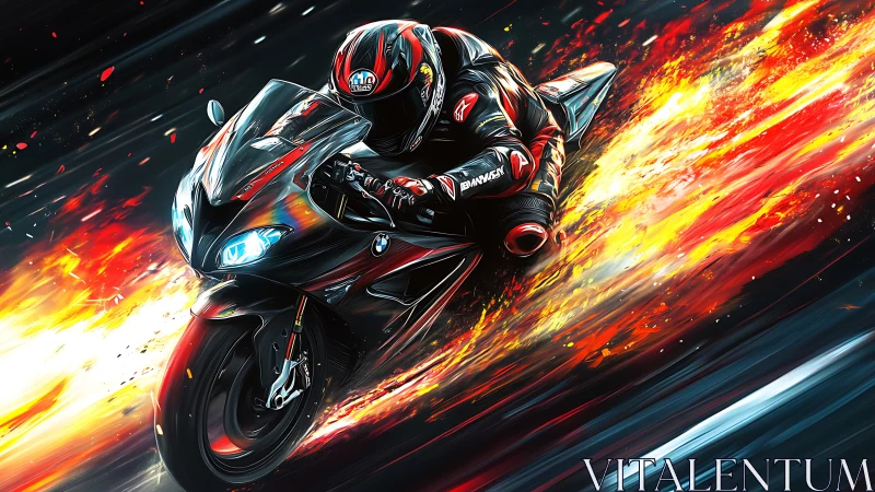 Rider in a blaze of speed on a flaming night highway.