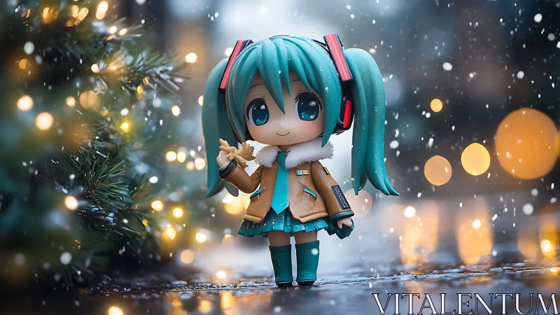 Snow-kissed teal twin-tails welcome cozy city starlight