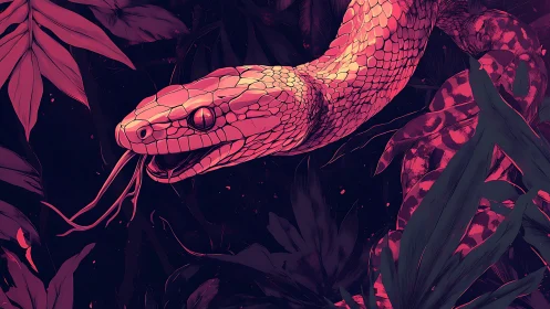 Chromatic serpent in high-contrast rainforest canopy study.