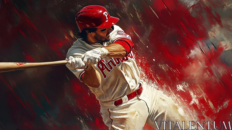 Baseball slugger swings bat through red abstract streaks
