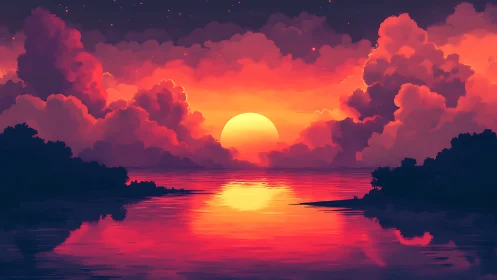 Luminous tropical sunset over reflective bay with volumetric clouds