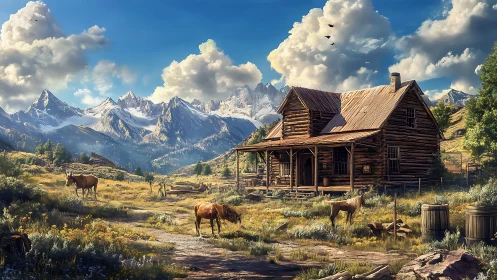 Mountain homestead stands quiet beneath dramatic cloud peaks.