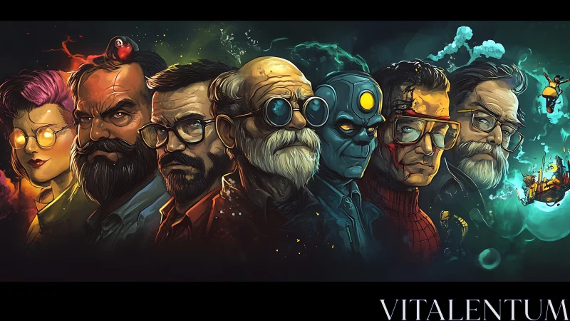 Digital painting lineup of stylized male portraits in neon spectrum.