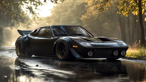 Midnight supercar prowls a misty forest road after rain