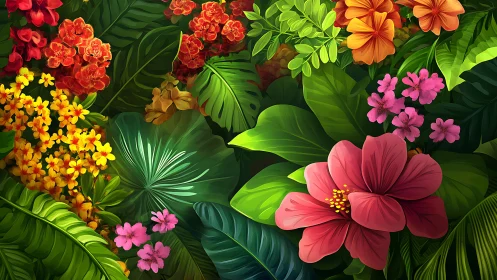 Digital floral arrangement depicting multiple flowering plant species with layered foliage.