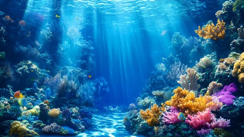 Sunlit coral reef landscape shows dense marine biodiversity