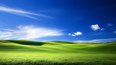 Endless emerald hills drifting beneath a deep sapphire sky.