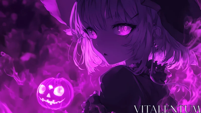 Moonlit witch girl in glowing violet Halloween mist.