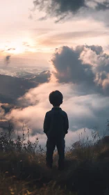 Child stands on grassy hillside overlooking cloud filled valley