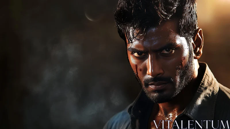 Intense gritty portrait of wounded man in cinematic light.