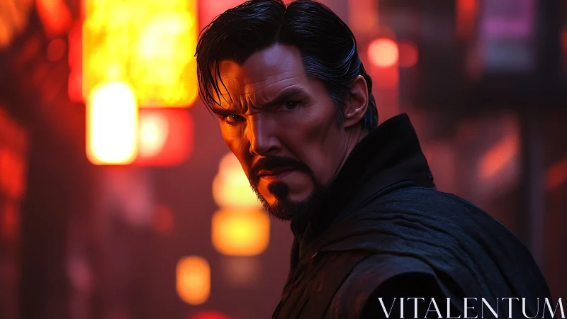 Sorcerer stands amid neon haze with intense crimson glow.