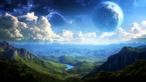Twin-skied valley under a colossal sapphire planet horizon.