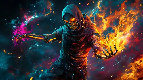 Hooded cyber reaper conjures neon fire in swirling void.