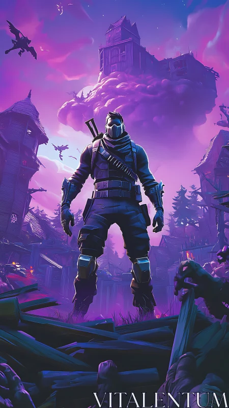 Armored warrior under floating fortress in neon wasteland.