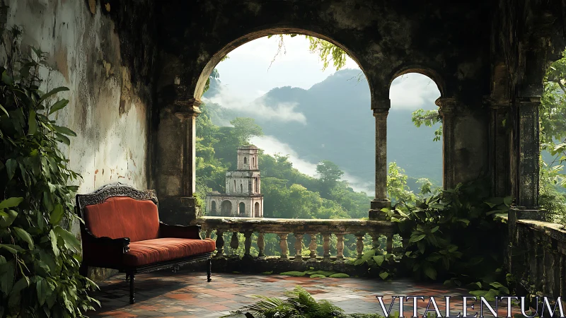 Sunlit jungle balcony with a quiet crimson velvet seat.