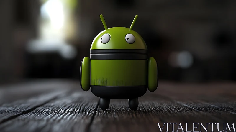 3D android mascot figurine on rustic wooden surface.