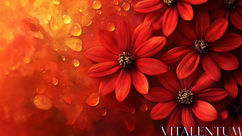 Red Cosmos Flowers with Golden Water Droplets.