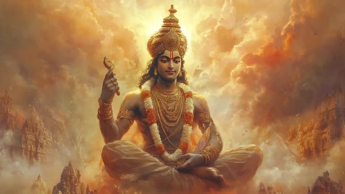 Seated mythological deity amid clouds and ornate temples.