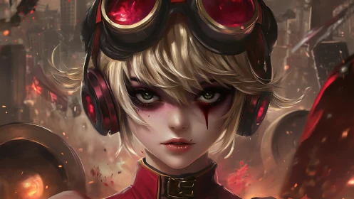 Battle ready girl with red goggles in burning cityscape