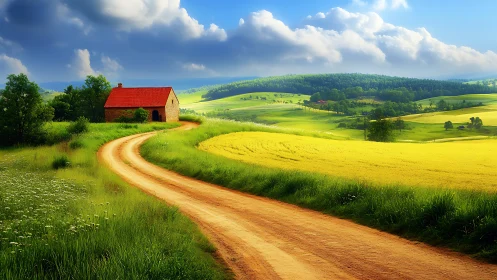 Curving dirt road beside yellow fields under dramatic clouds