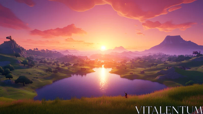 Vibrant stylized sunset over lake and rolling hills landscape.