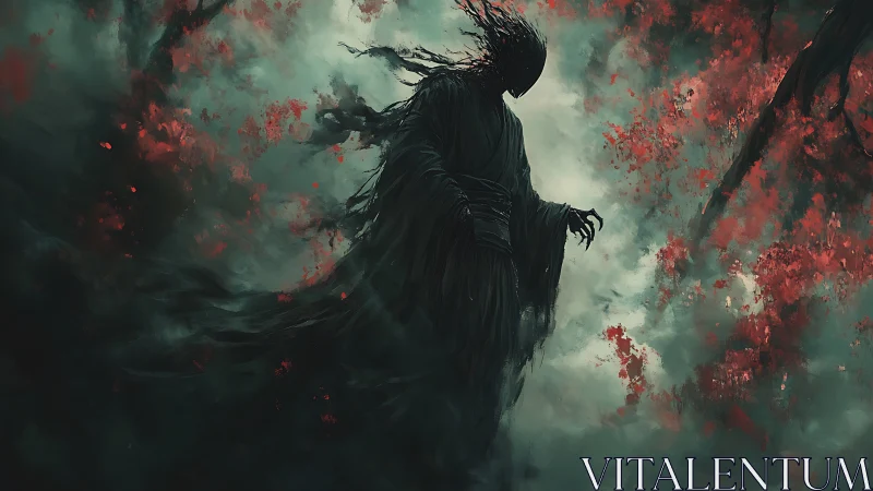 Digital painting of wraithlike figure amid crimson stormscape.