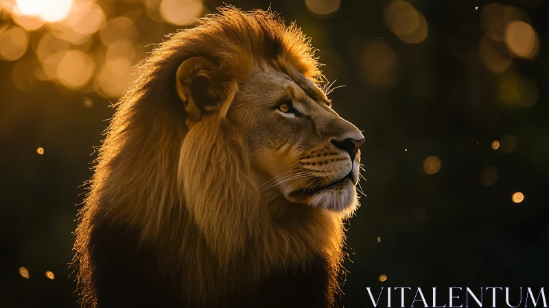 Majestic male lion in golden backlight studies distant horizon