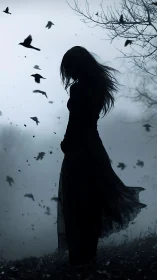 Silhouetted woman stands in wind as birds circle in fog