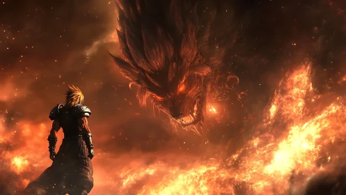 Warrior faces colossal fire demon amid burning inferno.
