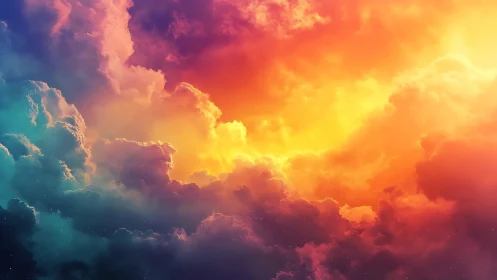 Vivid multicolored sky with glowing sunset clouds panorama.