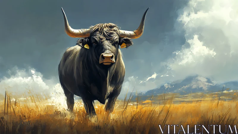 Large horned bull stands in open grassland under cloudy sky