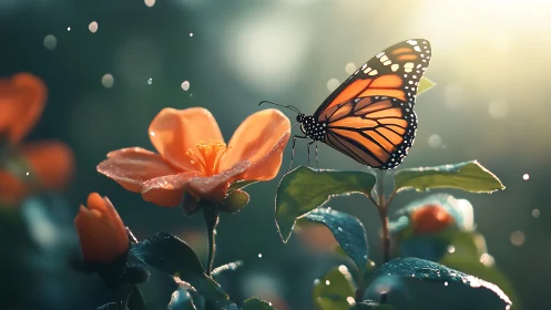 Monarch butterfly rests on orange flower in sunrise glow.