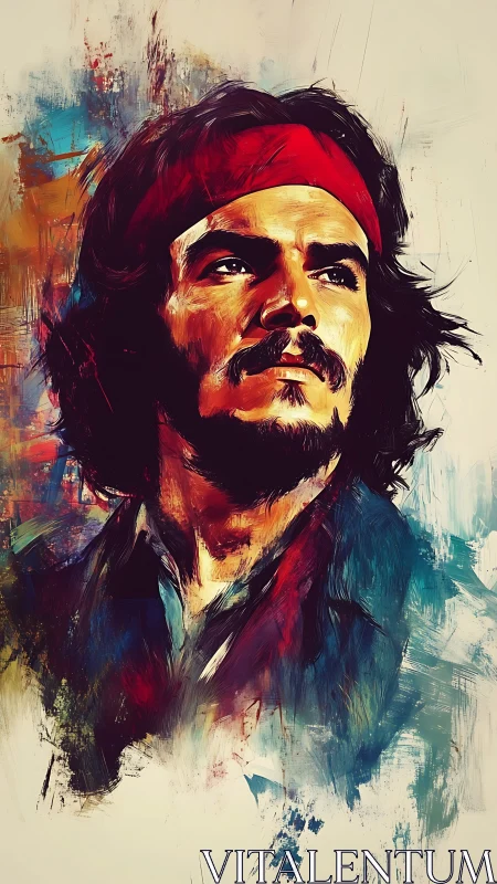 Portrait of a man in red headband with abstract strokes.