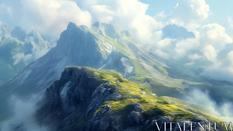 Mountain ridge with sunlit grassland emerging through clouds